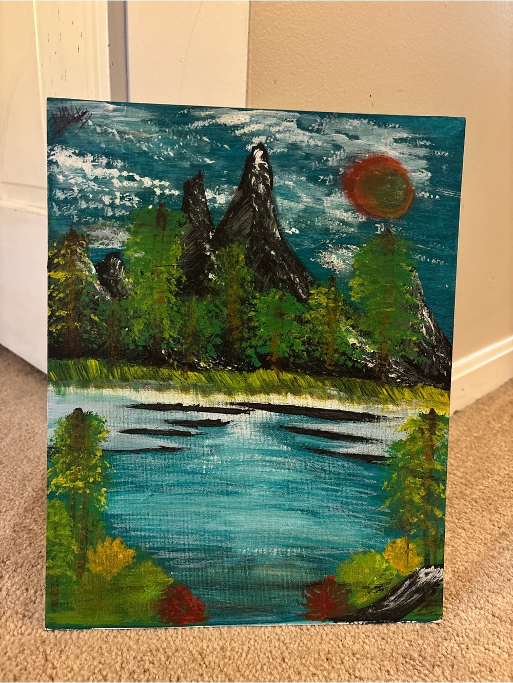 Hand-Painted Lake Landscape Wall Art - Teal & Green